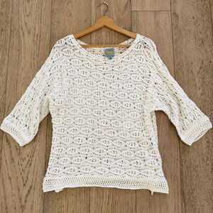 C&C California Open Knit Sweater Large Ivory Crochet Boho Beachy Ramie Cotton